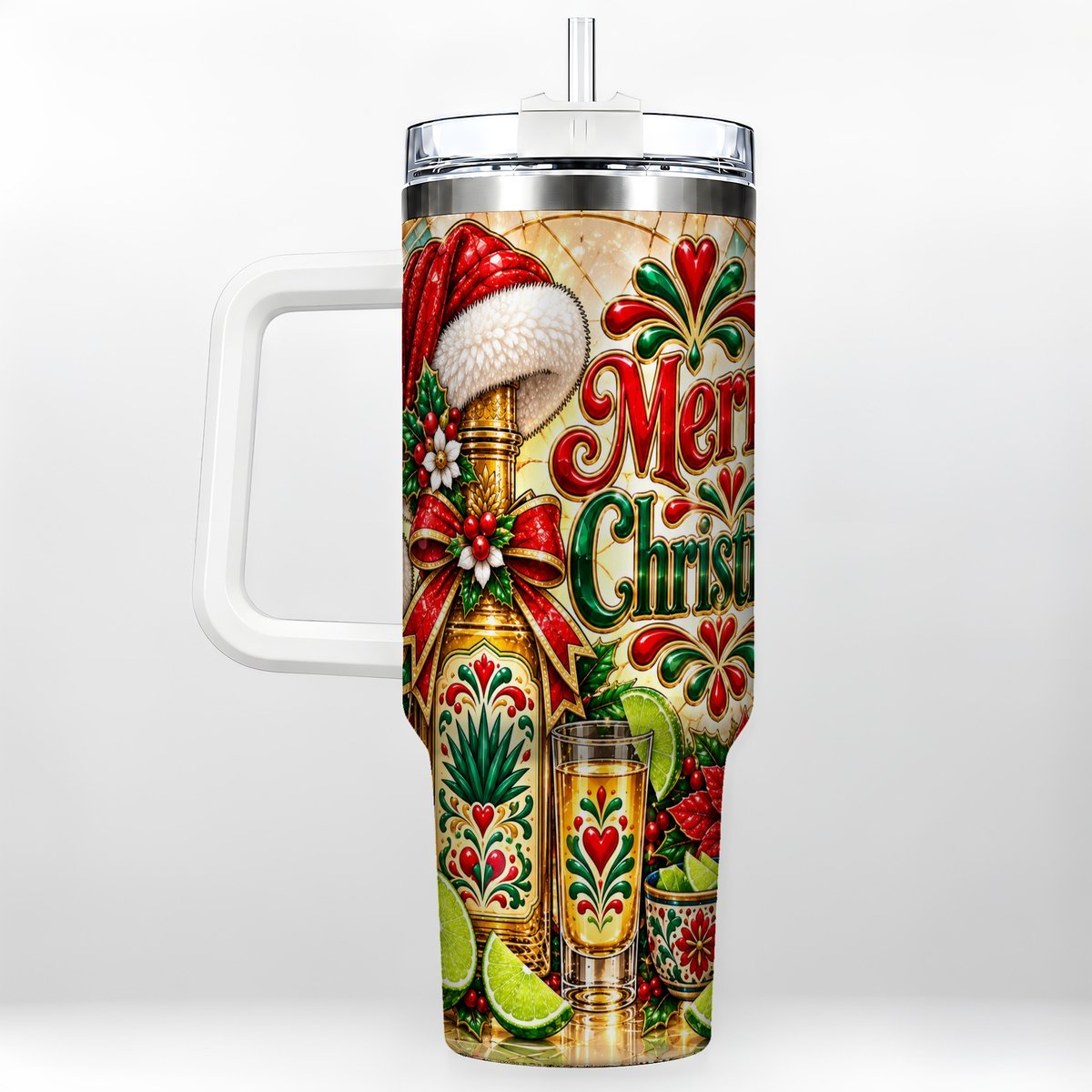 Christmas Fiesta 40oz Tumbler with Handle, Festive Agave Holiday Art
