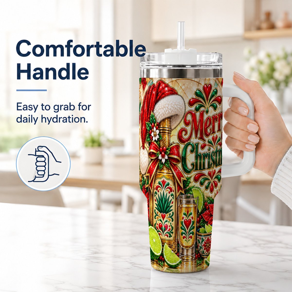 #pl[40oz|White] Christmas Fiesta 40oz Tumbler with Handle, Festive Agave Holiday Art