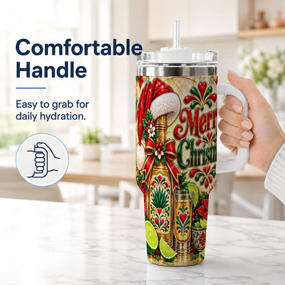 #pl[40oz|White] Christmas Fiesta 40oz Tumbler with Handle, Festive Agave Holiday Art