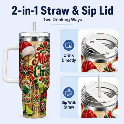 #pl[40oz|White] Christmas Fiesta 40oz Tumbler with Handle, Festive Agave Holiday Art