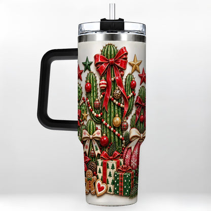 #pl[40oz|Black] Christmas Cactus 40oz Tumbler with Handle, Holiday Ornament Design
