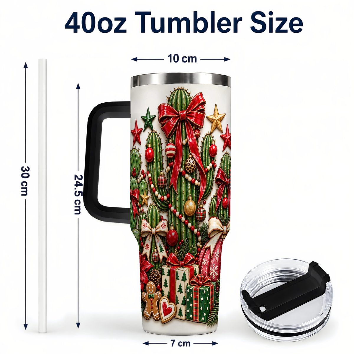 #pl[40oz|Black] Christmas Cactus 40oz Tumbler with Handle, Holiday Ornament Design