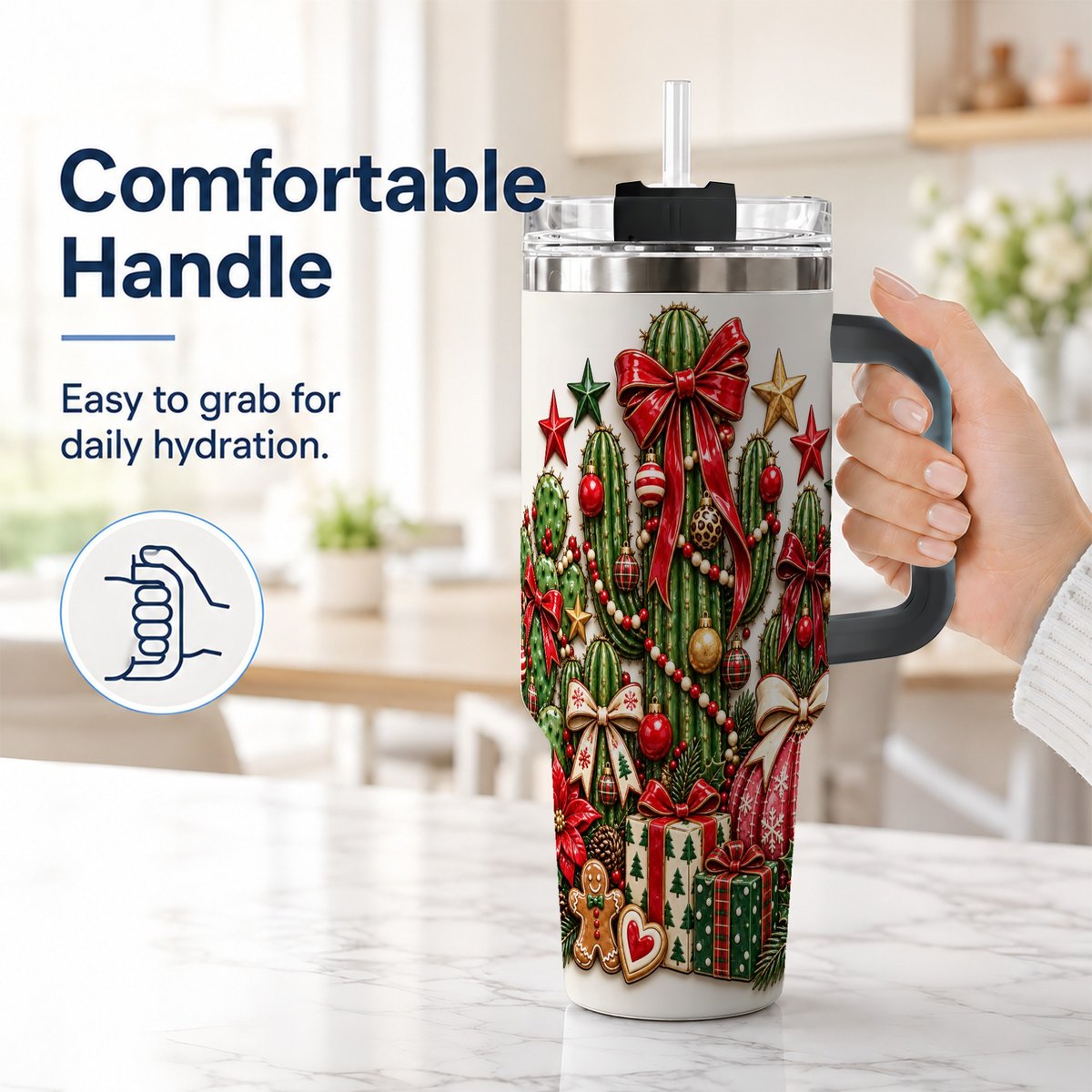 #pl[40oz|Black] Christmas Cactus 40oz Tumbler with Handle, Holiday Ornament Design