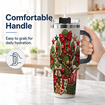 #pl[40oz|Black] Christmas Cactus 40oz Tumbler with Handle, Holiday Ornament Design