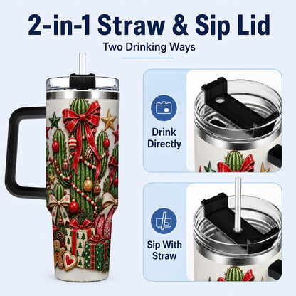#pl[40oz|Black] Christmas Cactus 40oz Tumbler with Handle, Holiday Ornament Design