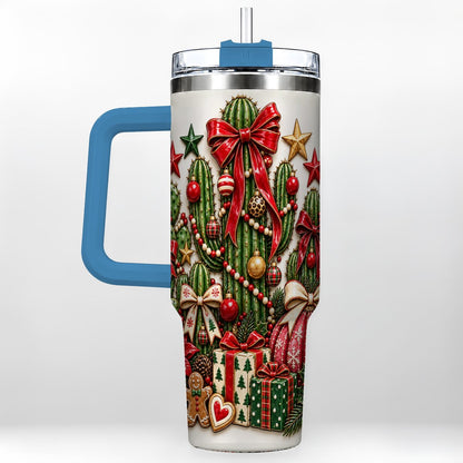 #pl[40oz|Blue] Christmas Cactus 40oz Tumbler with Handle, Holiday Ornament Design