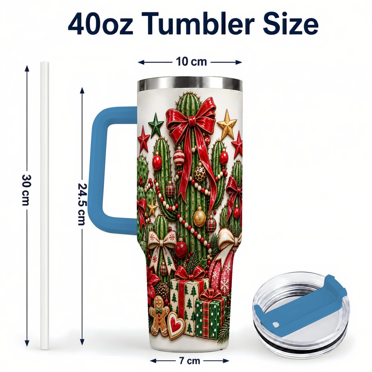 #pl[40oz|Blue] Christmas Cactus 40oz Tumbler with Handle, Holiday Ornament Design