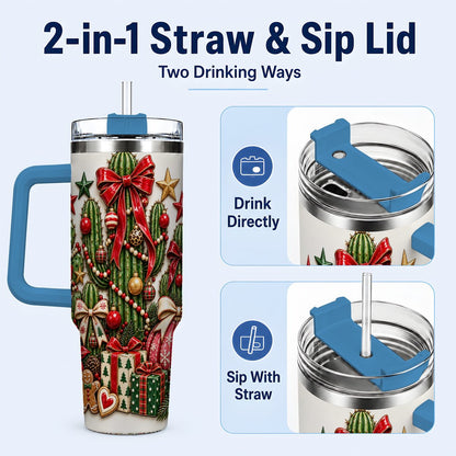 #pl[40oz|Blue] Christmas Cactus 40oz Tumbler with Handle, Holiday Ornament Design