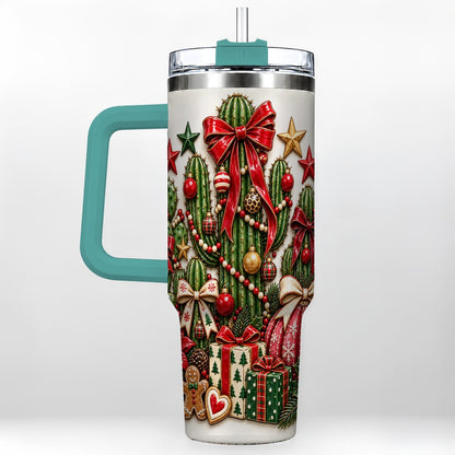 #pl[40oz|Green] Christmas Cactus 40oz Tumbler with Handle, Holiday Ornament Design