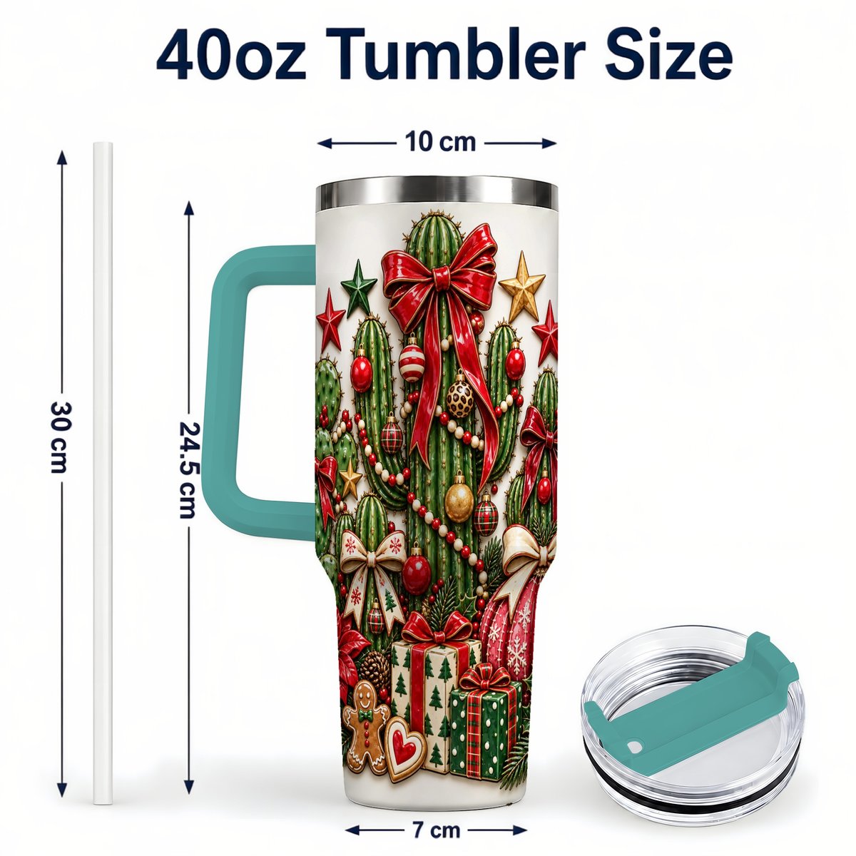 #pl[40oz|Green] Christmas Cactus 40oz Tumbler with Handle, Holiday Ornament Design