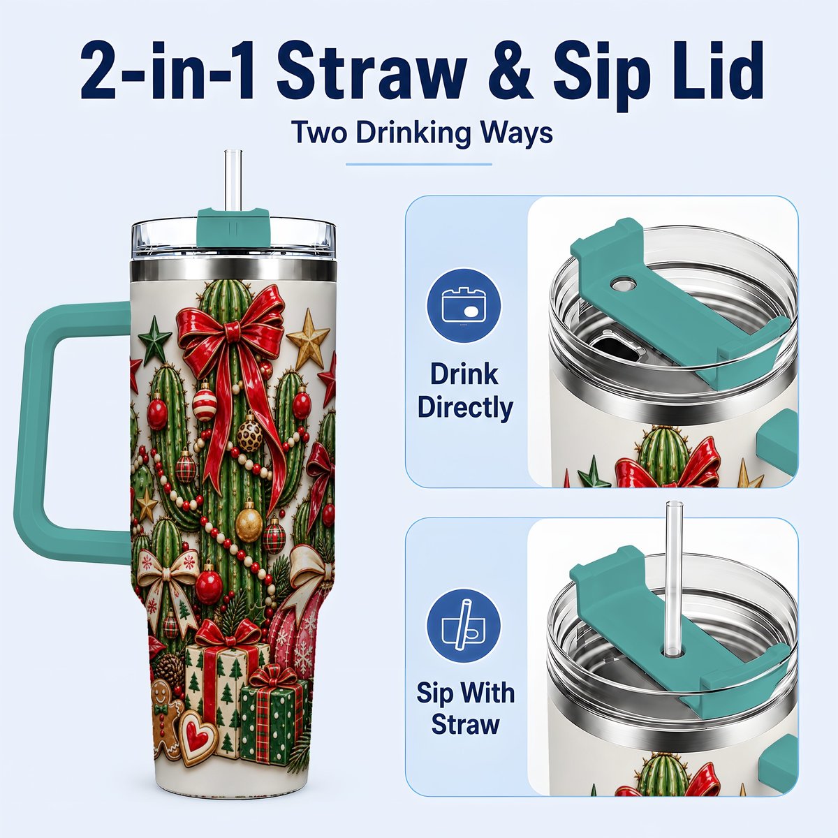 #pl[40oz|Green] Christmas Cactus 40oz Tumbler with Handle, Holiday Ornament Design