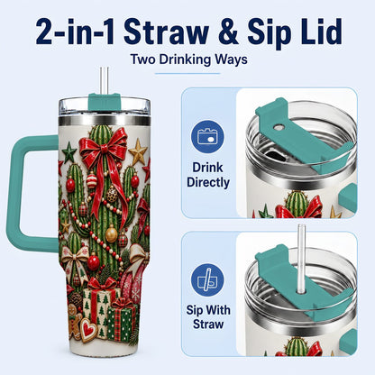 #pl[40oz|Green] Christmas Cactus 40oz Tumbler with Handle, Holiday Ornament Design
