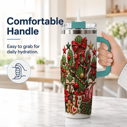 #pl[40oz|Green] Christmas Cactus 40oz Tumbler with Handle, Holiday Ornament Design