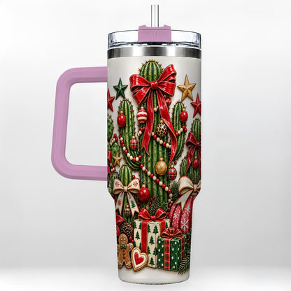 #pl[40oz|Pink] Christmas Cactus 40oz Tumbler with Handle, Holiday Ornament Design