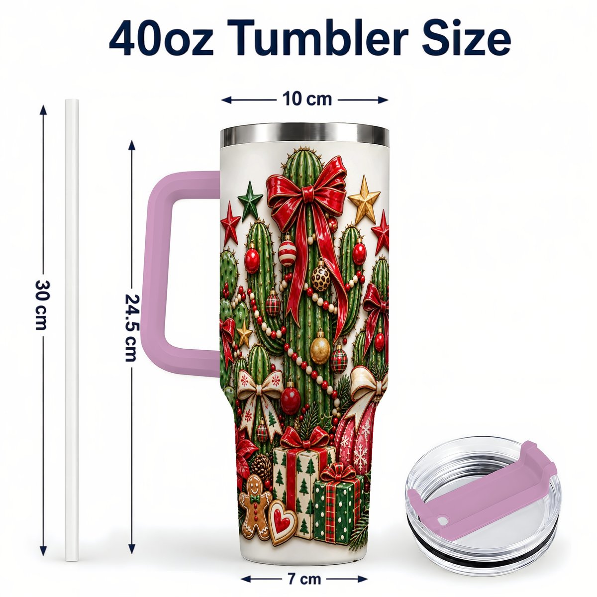 #pl[40oz|Pink] Christmas Cactus 40oz Tumbler with Handle, Holiday Ornament Design