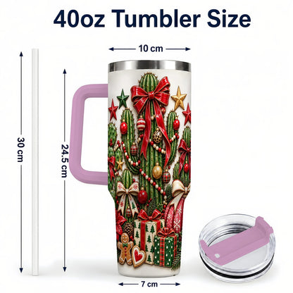 #pl[40oz|Pink] Christmas Cactus 40oz Tumbler with Handle, Holiday Ornament Design