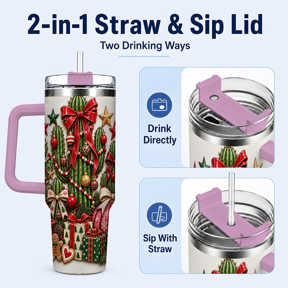 #pl[40oz|Pink] Christmas Cactus 40oz Tumbler with Handle, Holiday Ornament Design
