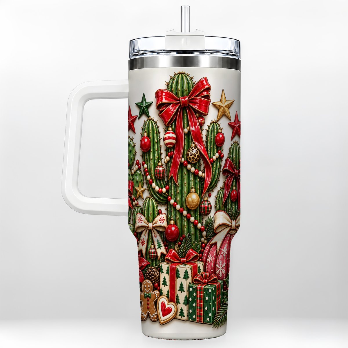 Christmas Cactus 40oz Tumbler with Handle, Holiday Ornament Design