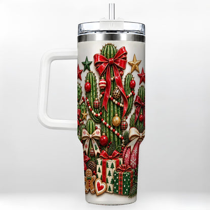 Christmas Cactus 40oz Tumbler with Handle, Holiday Ornament Design