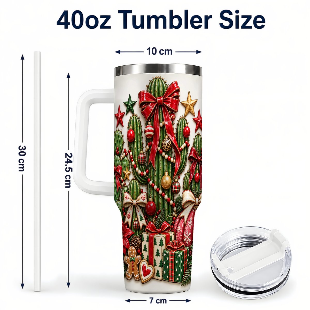 #pl[40oz|White] Christmas Cactus 40oz Tumbler with Handle, Holiday Ornament Design