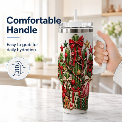 #pl[40oz|White] Christmas Cactus 40oz Tumbler with Handle, Holiday Ornament Design