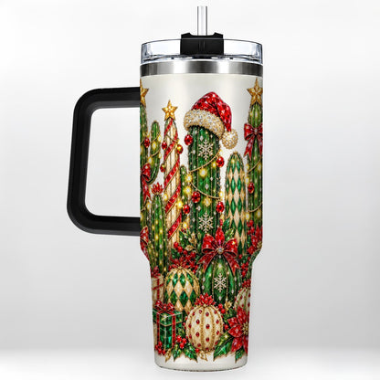 #pl[40oz|Black] Jeweled Cactus 40oz Tumbler with Handle, Christmas Decor Art
