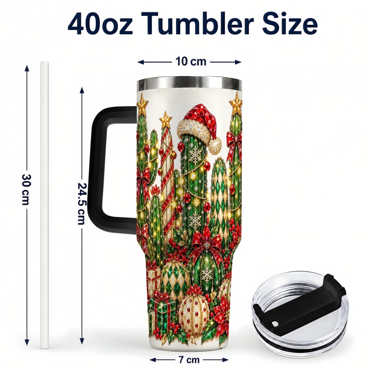 #pl[40oz|Black] Jeweled Cactus 40oz Tumbler with Handle, Christmas Decor Art