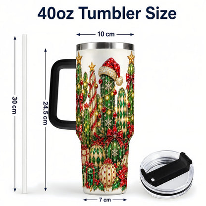 #pl[40oz|Black] Jeweled Cactus 40oz Tumbler with Handle, Christmas Decor Art