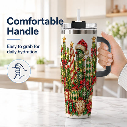 #pl[40oz|Black] Jeweled Cactus 40oz Tumbler with Handle, Christmas Decor Art