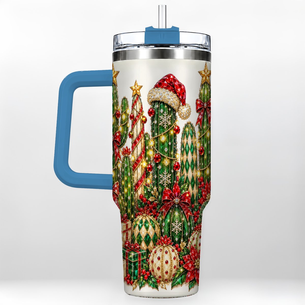 #pl[40oz|Blue] Jeweled Cactus 40oz Tumbler with Handle, Christmas Decor Art