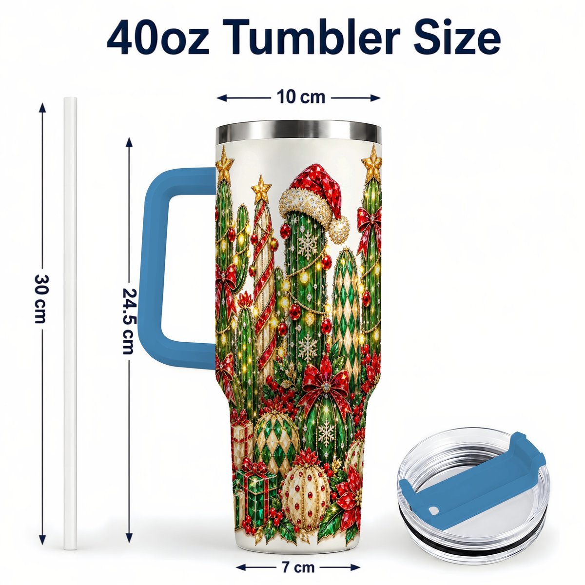 #pl[40oz|Blue] Jeweled Cactus 40oz Tumbler with Handle, Christmas Decor Art