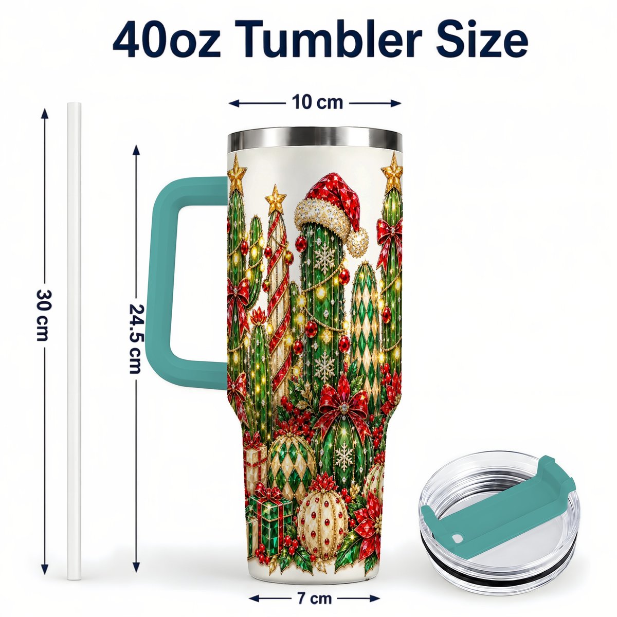 #pl[40oz|Green] Jeweled Cactus 40oz Tumbler with Handle, Christmas Decor Art