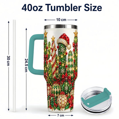 #pl[40oz|Green] Jeweled Cactus 40oz Tumbler with Handle, Christmas Decor Art