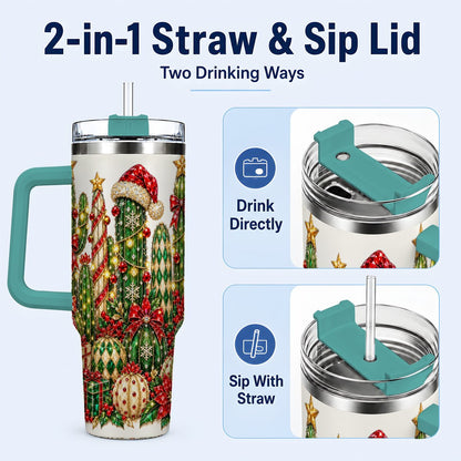 #pl[40oz|Green] Jeweled Cactus 40oz Tumbler with Handle, Christmas Decor Art