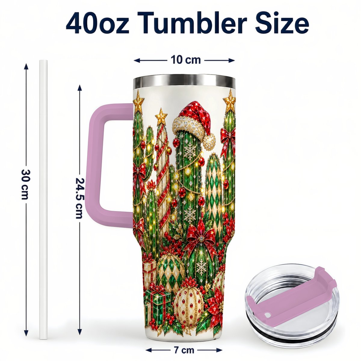 #pl[40oz|Pink] Jeweled Cactus 40oz Tumbler with Handle, Christmas Decor Art