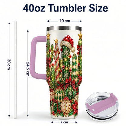 #pl[40oz|Pink] Jeweled Cactus 40oz Tumbler with Handle, Christmas Decor Art