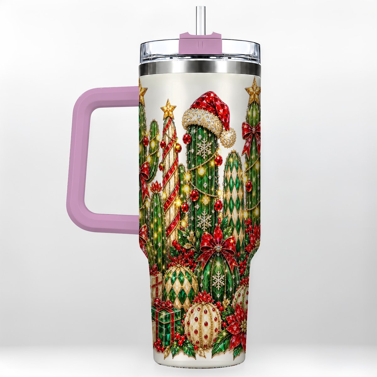 #pl[40oz|Pink] Jeweled Cactus 40oz Tumbler with Handle, Christmas Decor Art