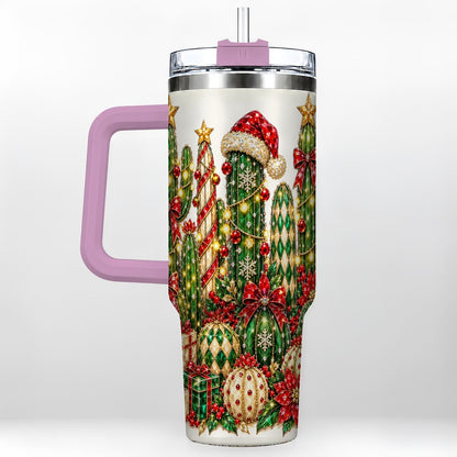 #pl[40oz|Pink] Jeweled Cactus 40oz Tumbler with Handle, Christmas Decor Art