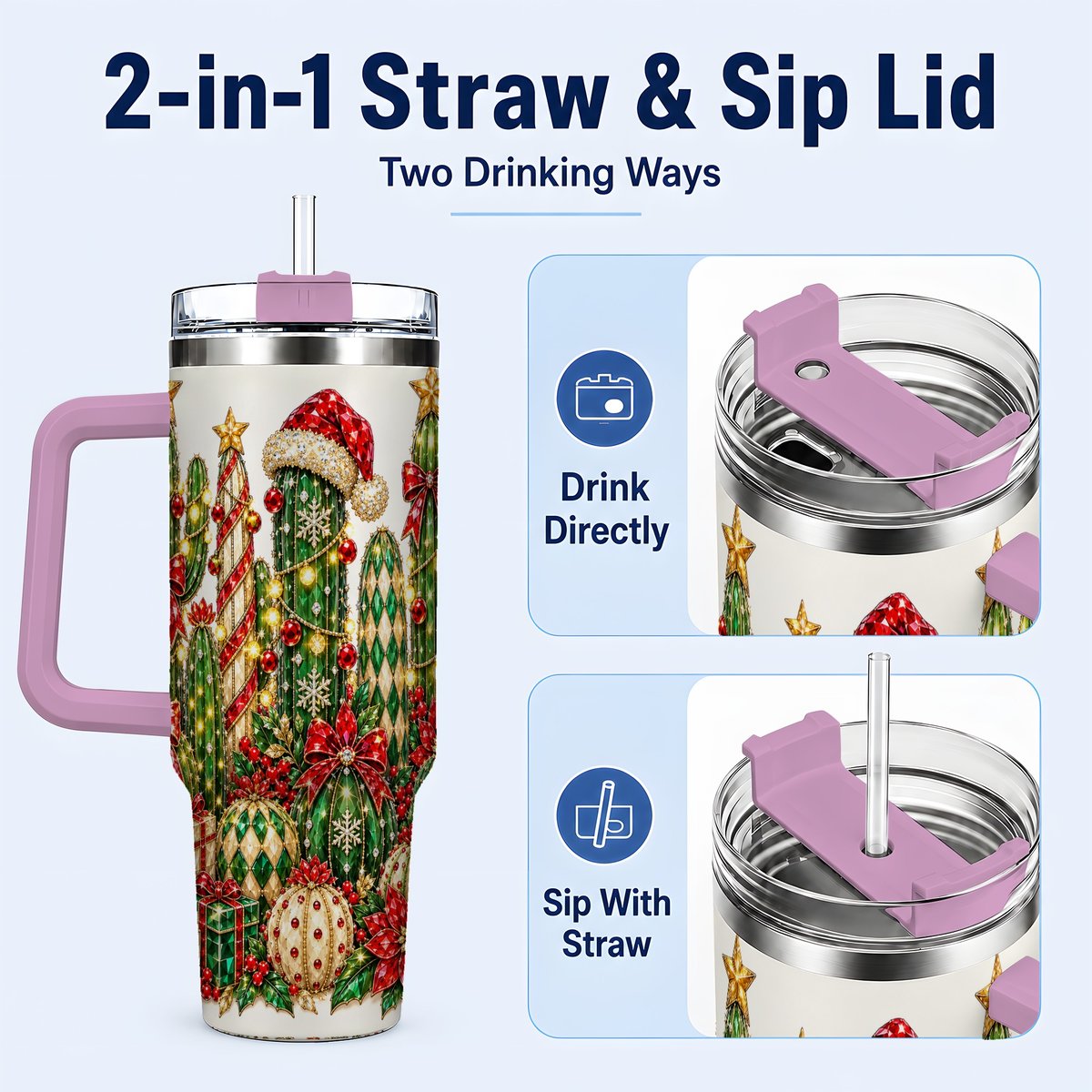 #pl[40oz|Pink] Jeweled Cactus 40oz Tumbler with Handle, Christmas Decor Art