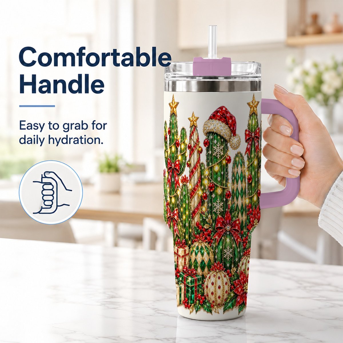 #pl[40oz|Pink] Jeweled Cactus 40oz Tumbler with Handle, Christmas Decor Art