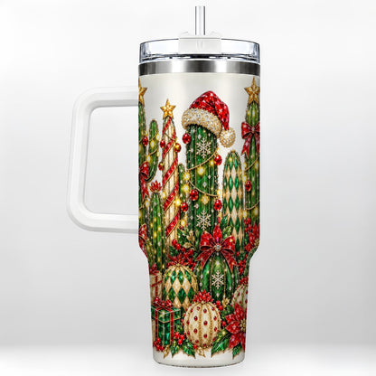 Jeweled Cactus 40oz Tumbler with Handle, Christmas Decor Art