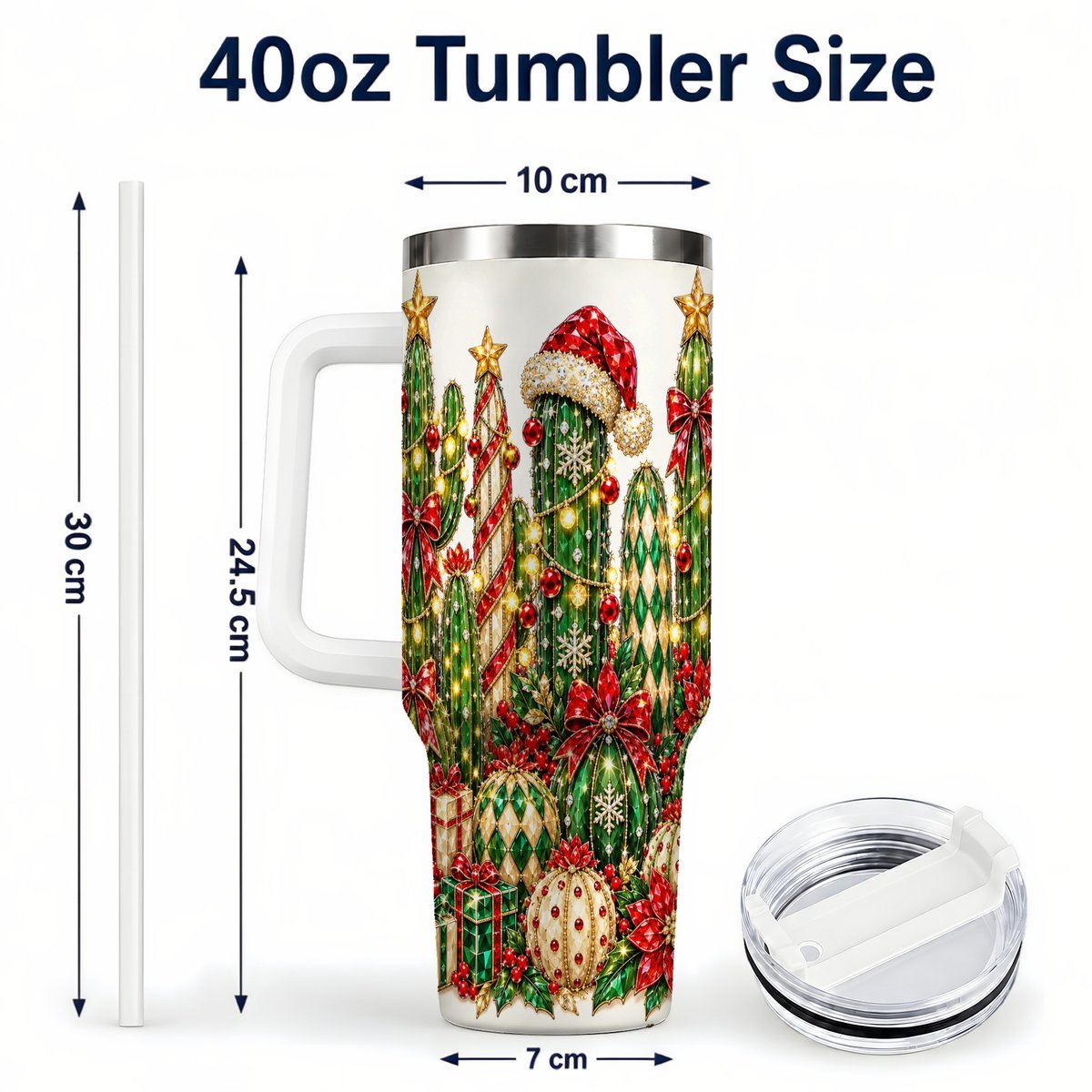 #pl[40oz|White] Jeweled Cactus 40oz Tumbler with Handle, Christmas Decor Art