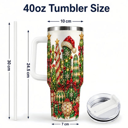 #pl[40oz|White] Jeweled Cactus 40oz Tumbler with Handle, Christmas Decor Art