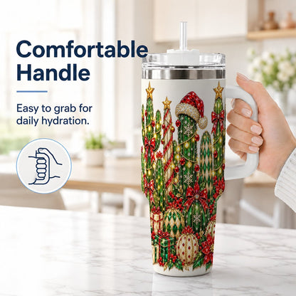 #pl[40oz|White] Jeweled Cactus 40oz Tumbler with Handle, Christmas Decor Art