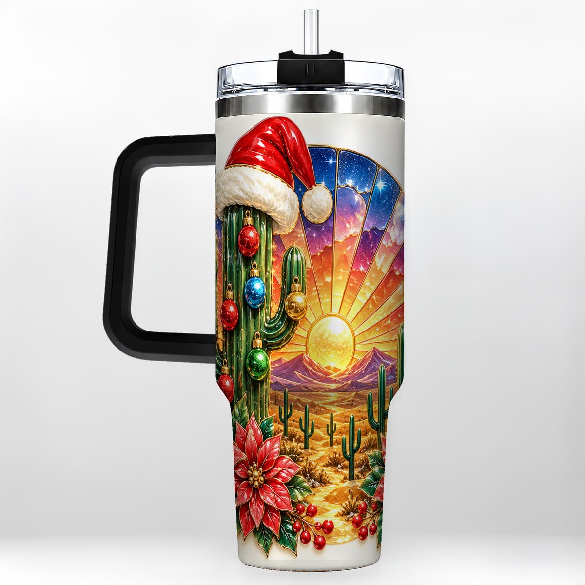 #pl[40oz|Black] Santa Cactus 40oz Tumbler with Handle, Desert Sunset Art