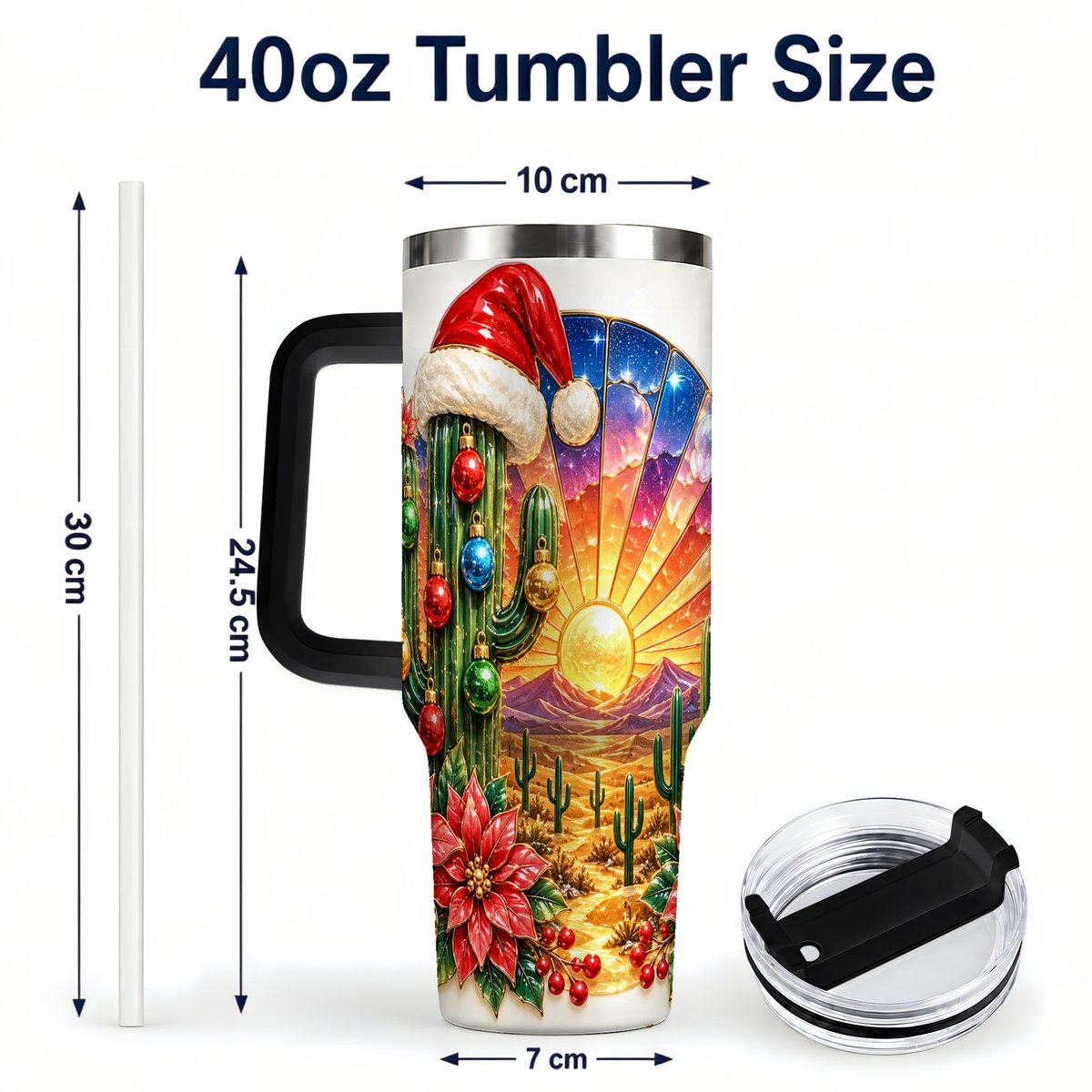 #pl[40oz|Black] Santa Cactus 40oz Tumbler with Handle, Desert Sunset Art