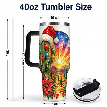 #pl[40oz|Black] Santa Cactus 40oz Tumbler with Handle, Desert Sunset Art