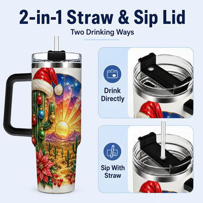 #pl[40oz|Black] Santa Cactus 40oz Tumbler with Handle, Desert Sunset Art