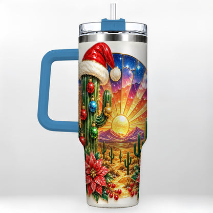 #pl[40oz|Blue] Santa Cactus 40oz Tumbler with Handle, Desert Sunset Art