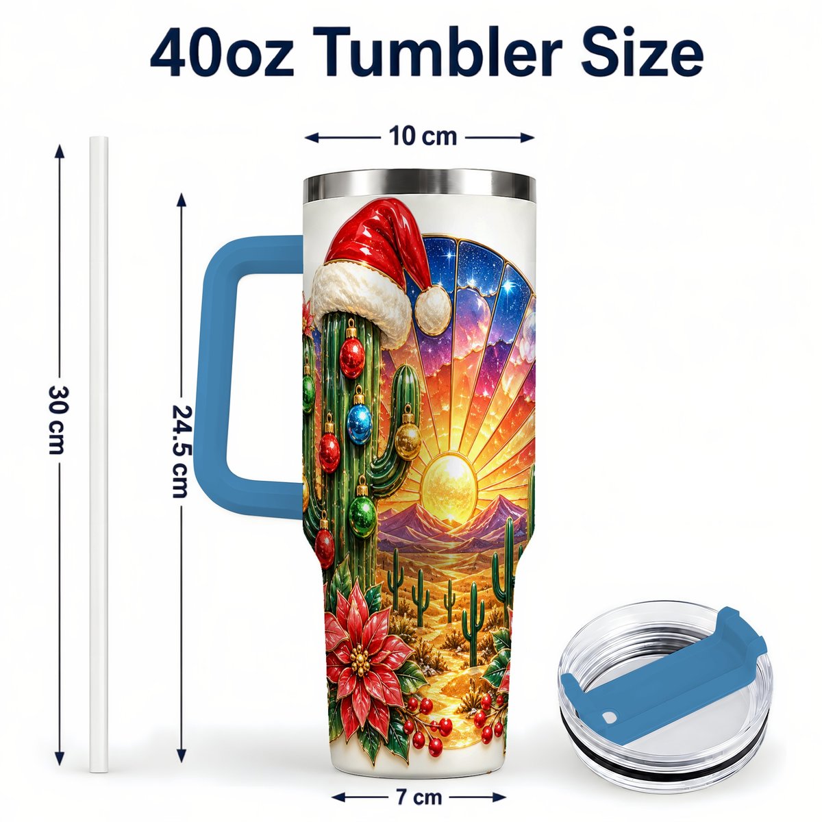 #pl[40oz|Blue] Santa Cactus 40oz Tumbler with Handle, Desert Sunset Art